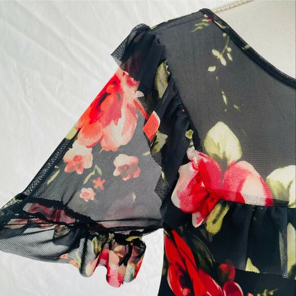 Sunday in Brooklyn Fabiana Floral Top Blouse Black Red Ruffles Sheer Scoop XS - Picture 4 of 10